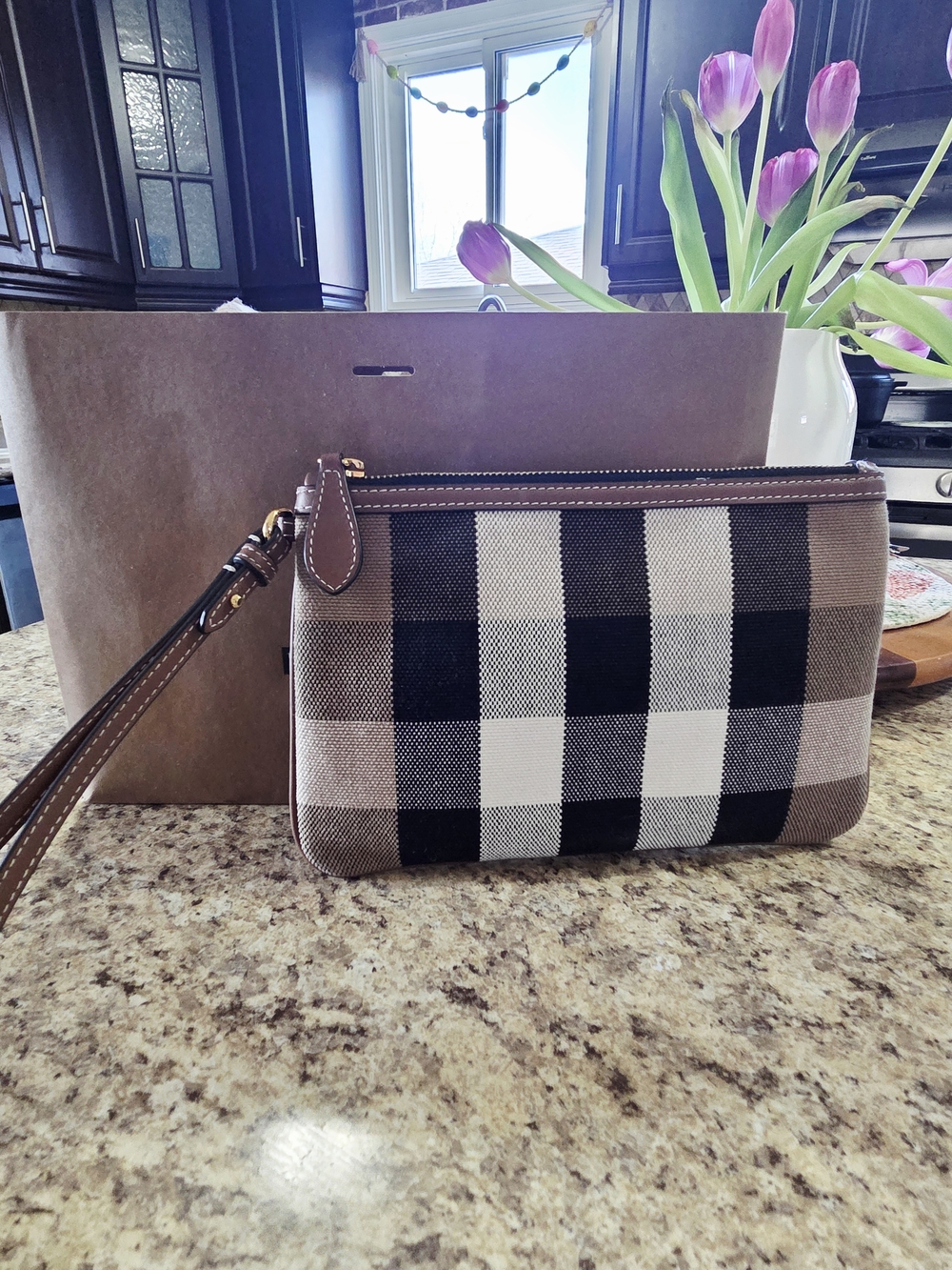 Burberry Brown Black White Check Canvas Wristlet Clutch